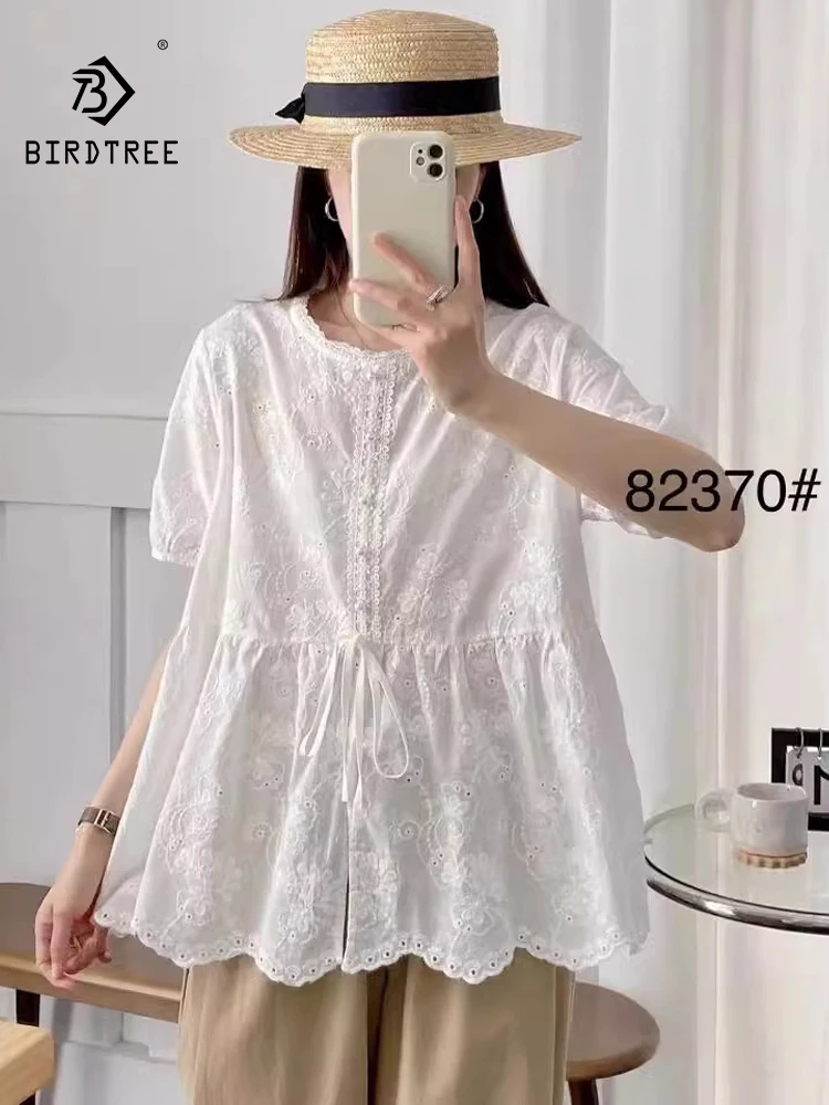 

New Spring Cotton Casual Shirts Women O Neck Embroidery Blouses Girl Long Sleeve Age Reduction Sweet Tops 2024 Summer T454107QC