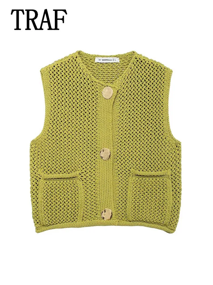 TRAF Women Knitted Vest 2024 New Fashion Women Sleeveless Casual Cropped Sweaters Vests Female Chic Single Breasted Waistcoat