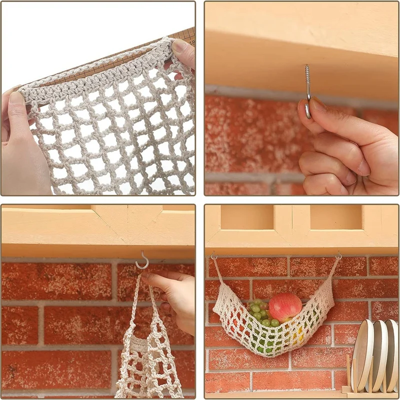 2 Pcs Macrame Fruit Hammock For Kitchen Under Cabinet Hanging Fruit Baskets Handwoven Decorative Fruit Net Bag Easy To Use