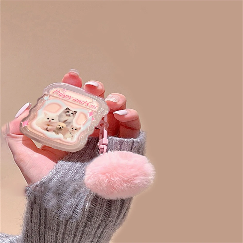 Korean Cute Punny And Cat Pink Wavy Border Headphones Case For AirPods 1 2 3 With Fur Ball Pendant Soft Cover For AirPods Pro 2