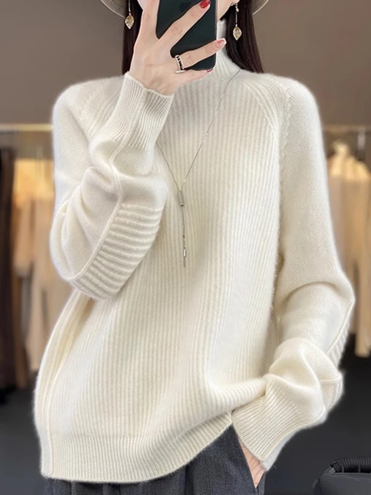 Thiened الدافئة عالية الياقة Camere محبوك قاعدة irt الخريف الشتاء عادية فضفاض سترة صوفية Ele العلوية سترة