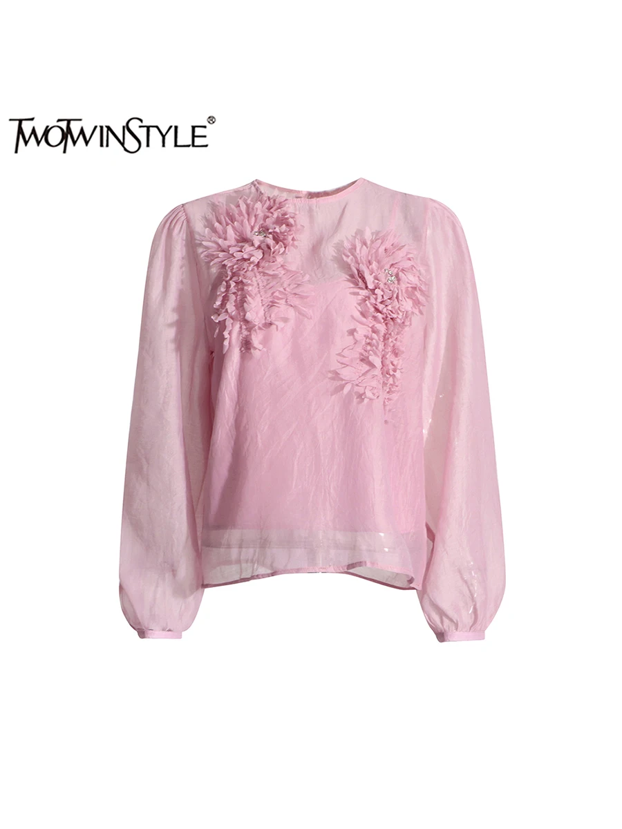 

TWOTWINSTYLE Solid Spliced Appliques Temperament Shirts For Women Round Neck Lantern Sleeve Chic Loose Shirt Female Fashion New