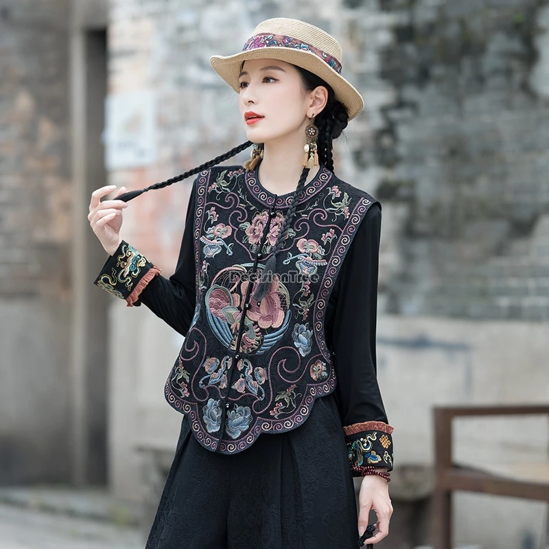 

2025 женский хлопковый льняной жаккардовый жилет в китайском этническом стиле с вышивкой и воротником-стойкой без рукавов, элегантный костюм Тан, жилет t1