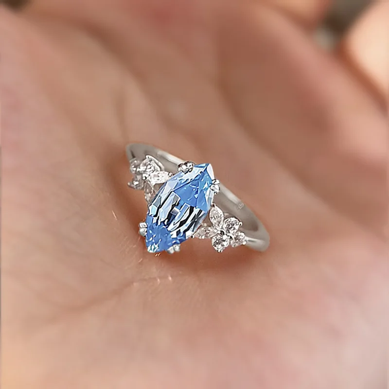 Xiaoyan Cultivation 100% S925 Silver 6 * 12mm Sea Blue Treasure Sharp Crystal Horse Eye Ring Anniversary Commemorative Gift