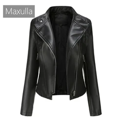 Maxulla-abrigo informal de cuero PU para mujer, Top con solapa a prueba de viento, ropa de motocicleta ajustada, ropa para exteriores, primavera y otoño