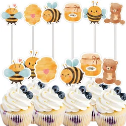 24Pcs Carton Honey Bee Cupcake Toppers DIY Paper Topper For Kids Happy Bee Day Birthday Party Cake Decoration Supplies
