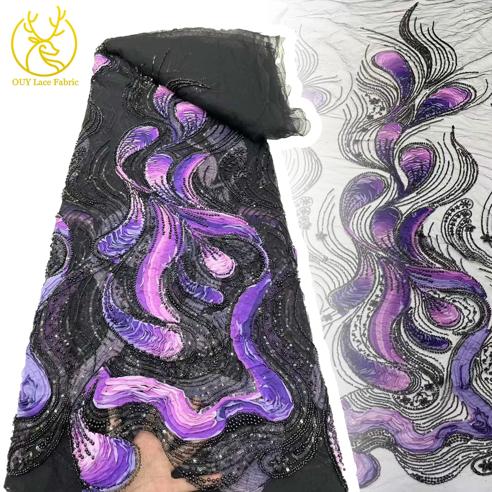 

2025 High Quality African Sequin Lace Fabric French Embroidery Beaded Decorative Mesh Fabric for Wedding Party Dress 5 yards