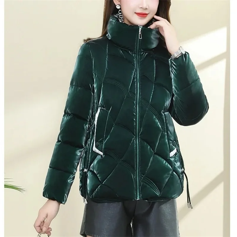 Colorful Pearlescent High end Fabric Down Cotton Jackets Women\'s New Short Korean Loose Quilted Coat Thick Coat Bright Face Gree