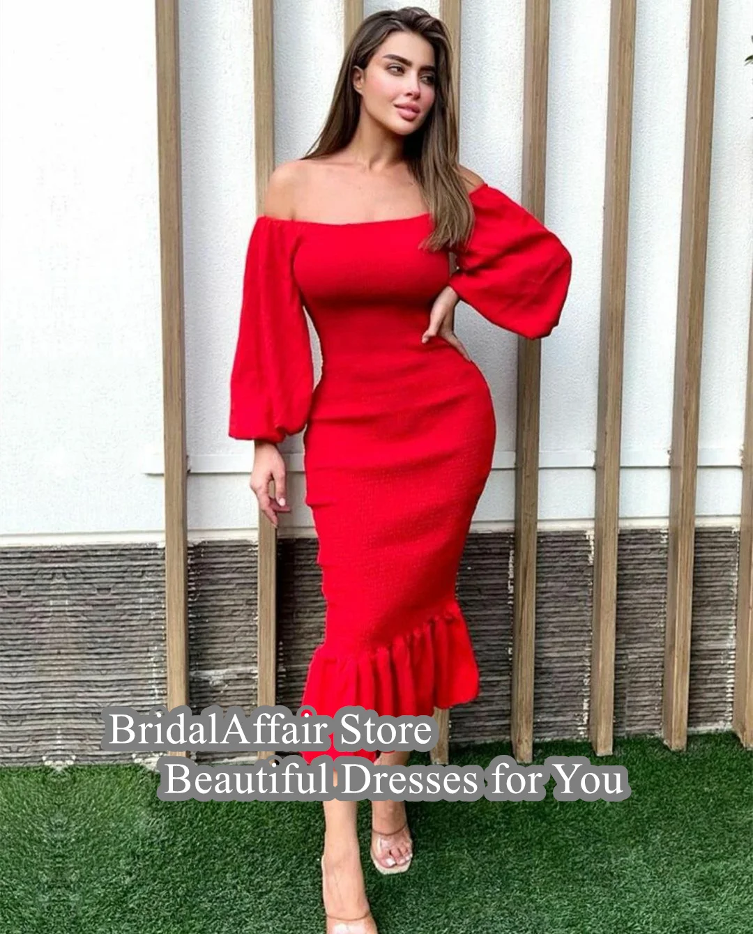 Braut affäre elegante kurze rote Crêpe Abendkleider mit Rüschen Meerjungfrau Boot Hals Tee Länge Reiß verschluss Robe de Mariée Party kleid