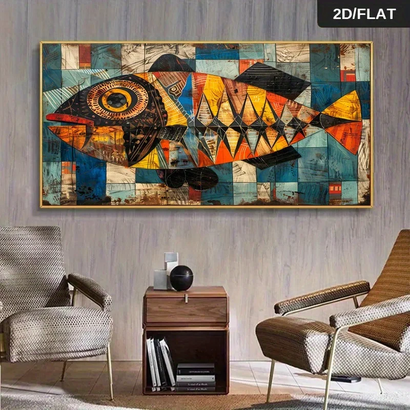 

Modern Abstract Style Colorful Fish Print Frameless Canvas Art Wall Geometric Design Canvas Painting Large Size Wall Posters