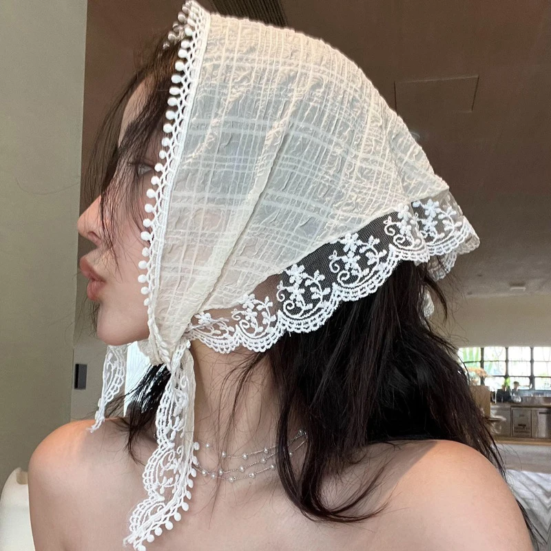 Coreano Ins Lace Cachecol de Cabelo para Mulheres, Triângulo Hair Band Strap, Saco Headscarf, Chapéu, Lenço Foto Viagem, Headband Acessórios