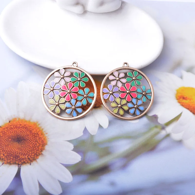 12 Stück/Set 34*36mm Böhmischer Stil Antik-Kupferfarbene Blumenanhänger aus Legierung DIY Schmuck Ohrring-Zubehör – Detail 4