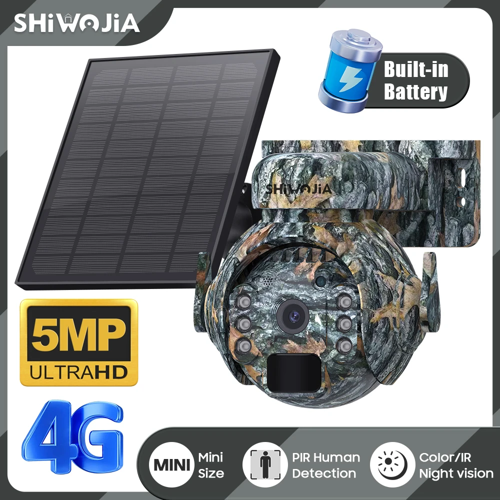 SHIWOJIA 5MP 4G Kamery słoneczne 4G Sim/WIFI Bezprzewodowe zewnętrzne 360 °   Przegląd Monitorowanie zwierząt Kolor kamuflażu Kamera PTZ z baterią słoneczną
