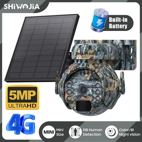 SHIWOJIA 5MP 4G Cámaras solares 4G Sim/WIFI Inalámbrico Al aire libre 360 ° Ver monitoreo animal Cámara PTZ con batería solar en color camuflaje