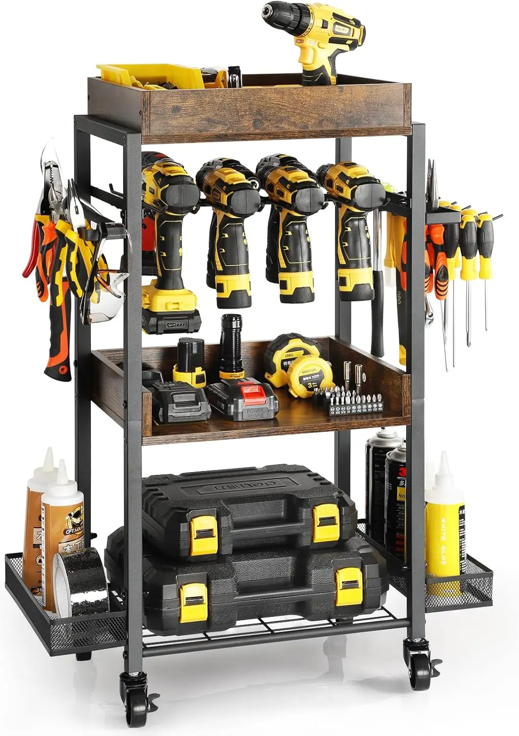 

Rolling Tool Organizer with Wheels - Garage Storage Shelving, Open Chest Cabinet, Drill Rack Shelf for Workshop, Gift for Men/Da