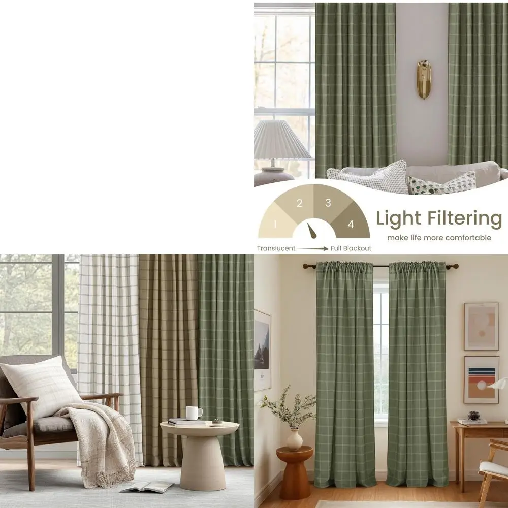 

Moss Green Linen Plaid Curtains, Modern Check Window Treatments, Light Filtering, 52 x 108, 2 Panels for Living & Bedroom