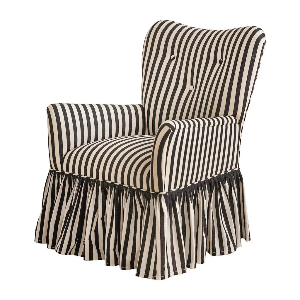 

#Vintage Living Room Accent Chair With Ruffle Skirt Antique Black and White Striped Upholstered Skirted Lounge Chair for Bedroom