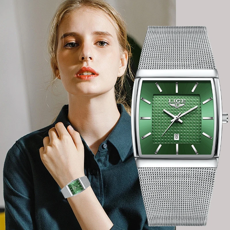 New Fashion LIGE Elegant Square Woman Watch Waterproof Luxury Stainless Band Calendar Exquisite Quartz Ladies Women's Wristwatch