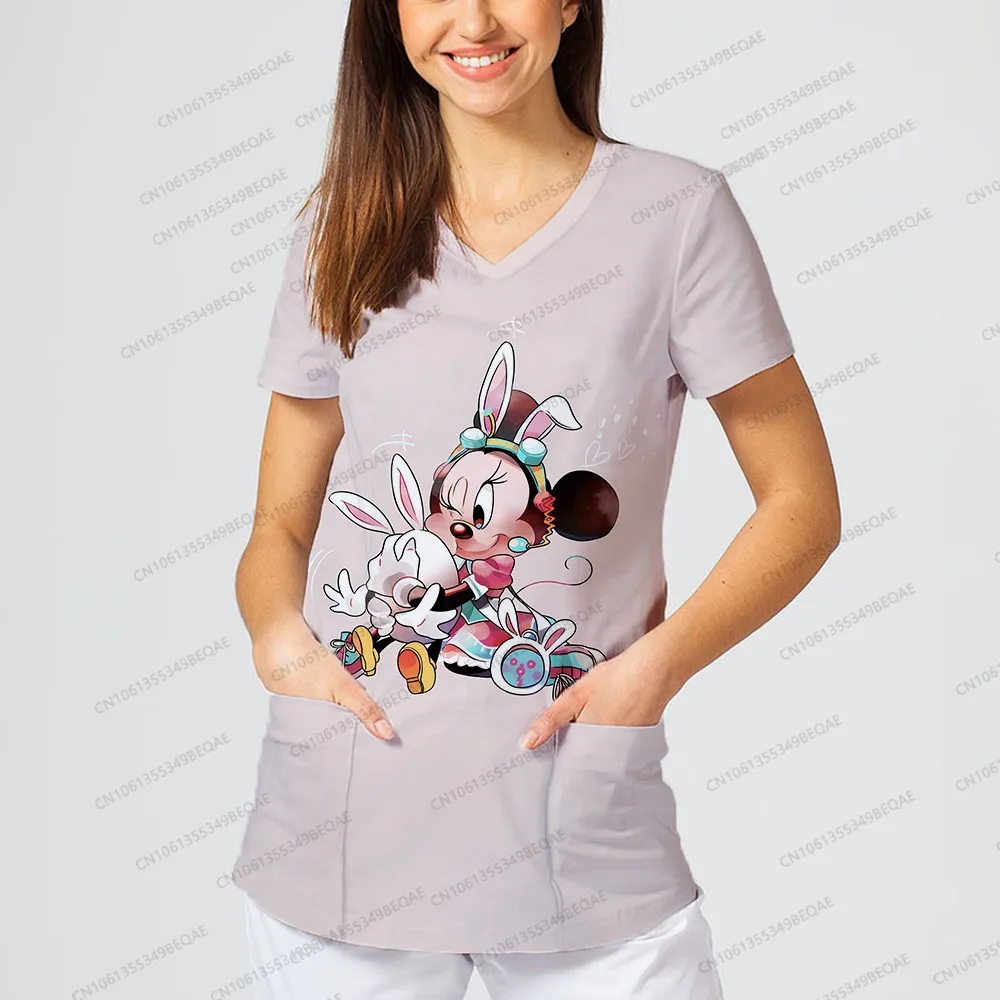 

Women's Disney Minnie Print Nurse Workwear Short Sleeve Loose Tops V Neck Pocket T-shirts for Ladies Fashion Y2k Clothing