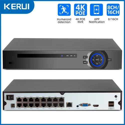 KERUI-Sistema de videovigilancia de seguridad, grabador de vídeo ONVIF, 4K, 16 canales, POE, NVR, H.265, NVR, 16 canales, 4MP, 6MP, 8MP, POE