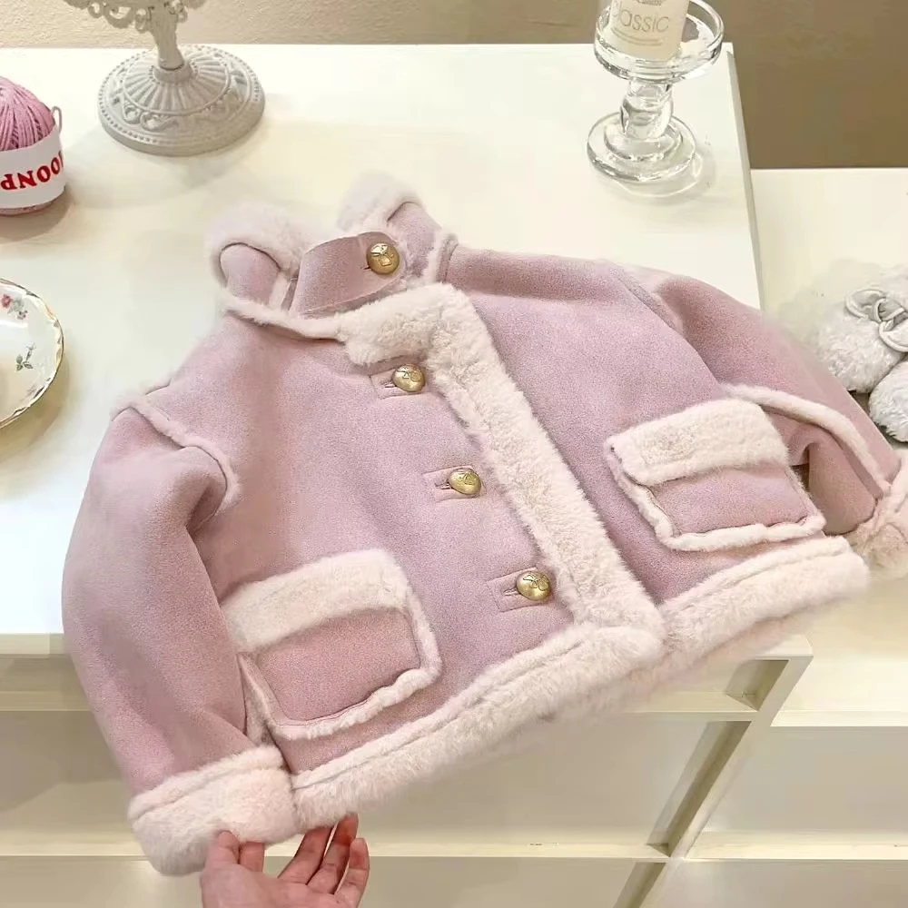 2-7 Year Old Autumn and Winter Pink Long Sleeved Single Breasted Thick Warm Girls Outerwear Fashionable Solid Color Casual Coat