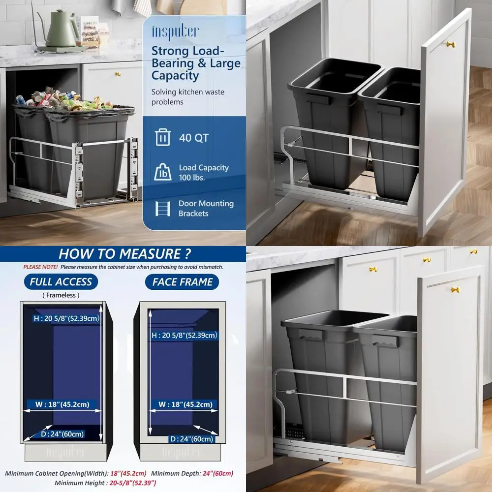 

40-Quart Pull-Out Trash Can, Heavy-Duty Cabinet-Mounted Garbage Bin with Soft-Close Slides for Kitchen and Laundry, Fits Cabinet
