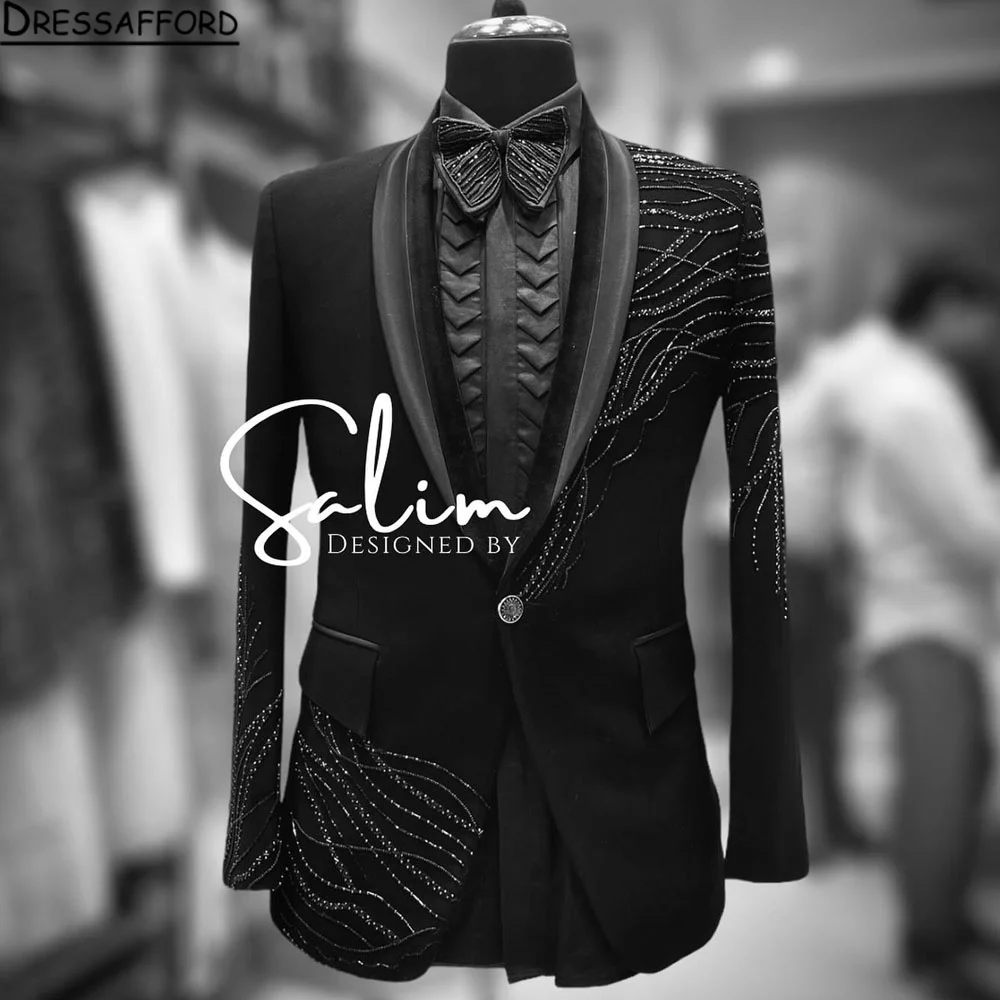 Black Corrugation Beading Crystal Blazers Men Suits Fashion Banquet 2 Piece Business Jacket Pants Trousers