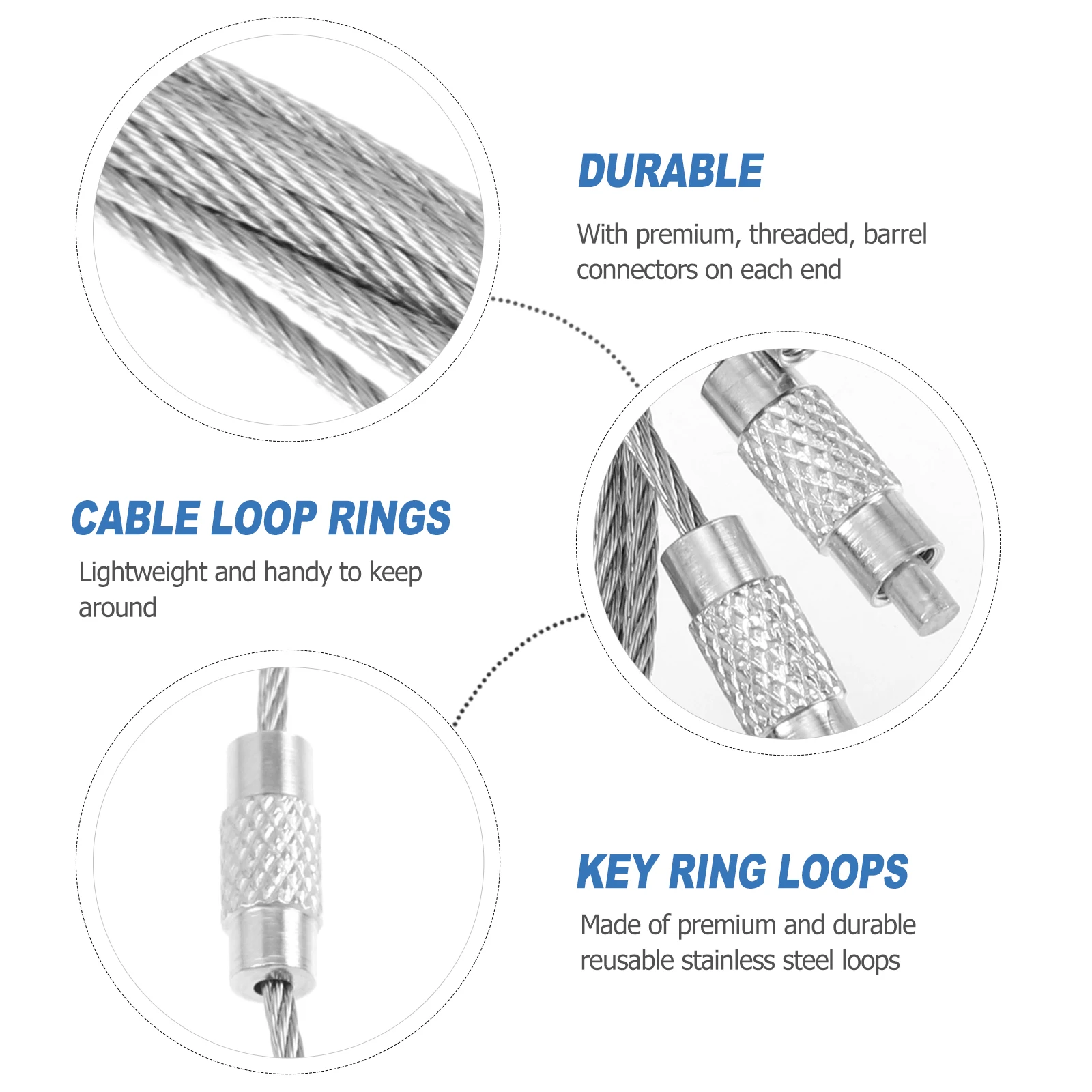 

10 Pcs Wire Rope Lock Steel Carabiner Keychain Hardware Durable Stainless Steel Luggage Tags Loops Cable Rings Key Rings