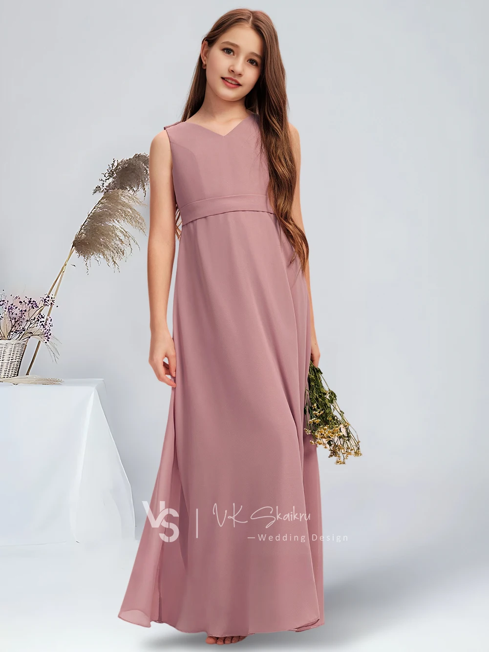 A linha com decote em v até o chão chiffon júnior vestido de dama de honra vintage malva vestido da menina de flor para vestidos de festa de casamento para adolescentes