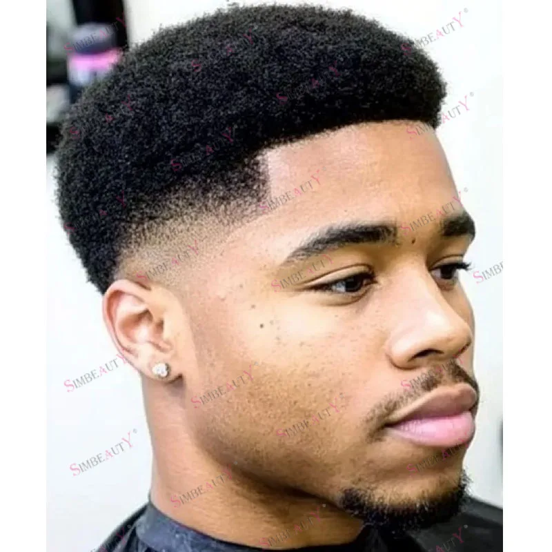دائم سهل الارتداء 100% شعر الإنسان الأفرو رجل أسود 6 مللي متر ضيق مجعد الباروكات غير قابلة للاكتشاف شعري طبيعي الدانتيل العلوي و بولي Base قاعدة الرجال الشعر المستعار
