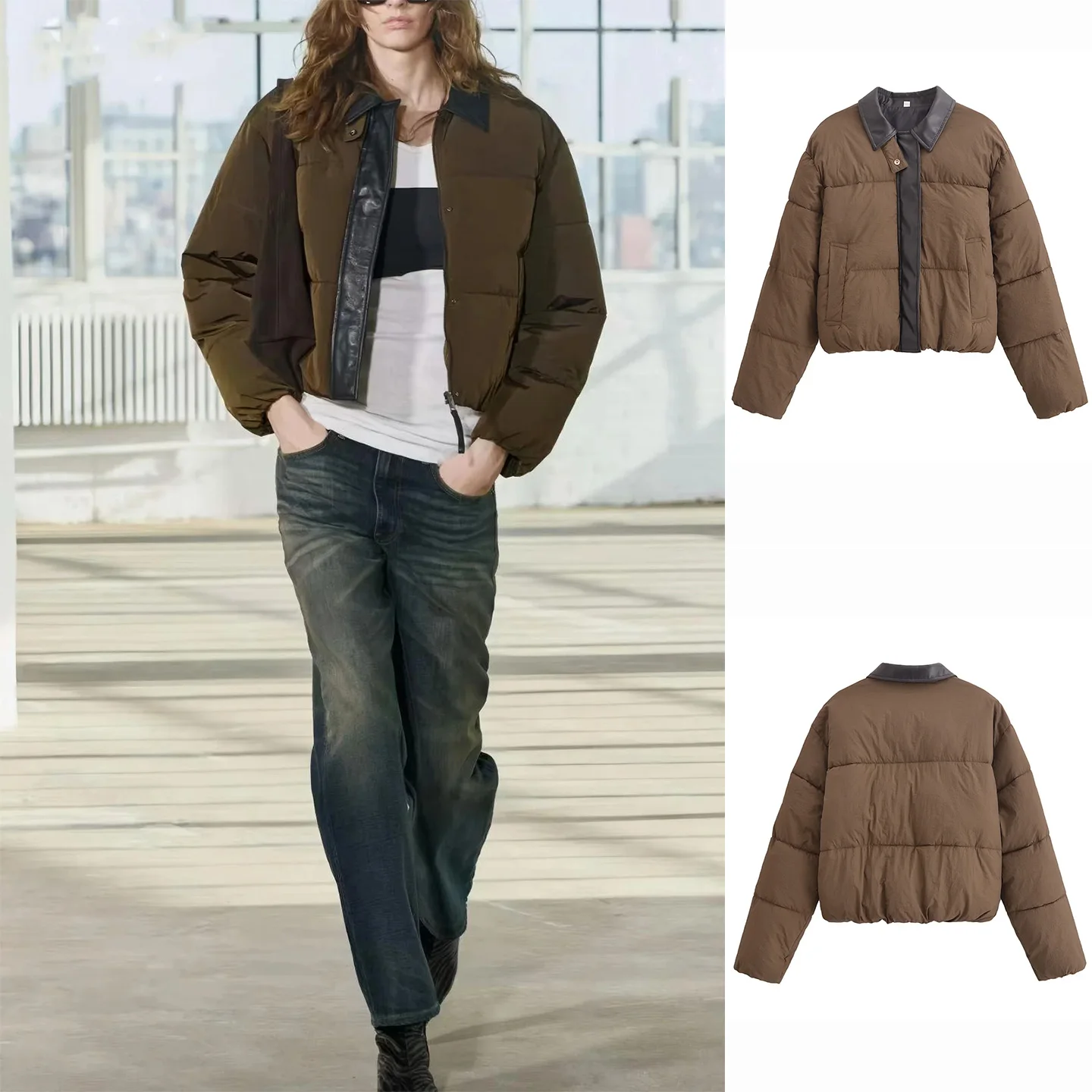 Retro suelto Casual Collar largo Sve Color Blo PU cuero algodón Jaet mujer ort prendas de vestir exteriores otoño nueva llegada