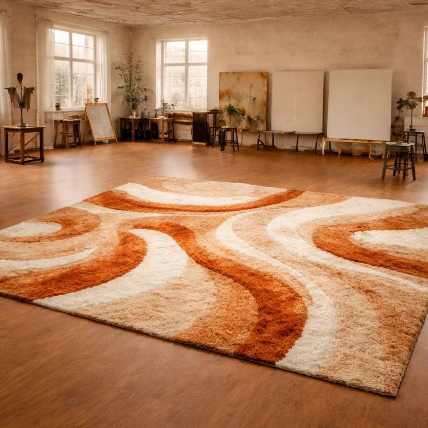 Room Decor Rug  Large Abstract Shag Rug, R Wavy Area Rug, Cream  Terracotta Modern Plush Carpet, Mid Century Boho Living Room Rug