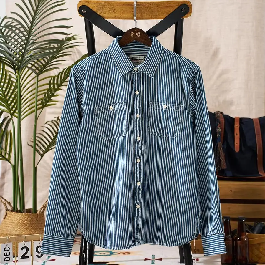 

Новая мужская рубашка в вертикальную полоску, повседневная и универсальная многослойная мужская рабочая одежда в американском стиле ретро с длинными рукавами