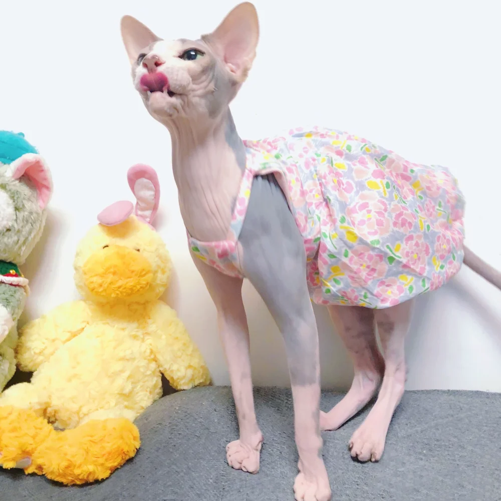 Floral Sleeveless Cotton Dress for Sphynx Summer Pink Suspended bubble Skirt For Female Cats Soft Coat for Devon Rex in Spring