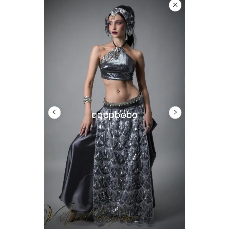 Customized Tribal Fusion Belly Dance Performance Set 5-piece Pants+Waist Chain+Top+1 Head Flower+Hip Scarf