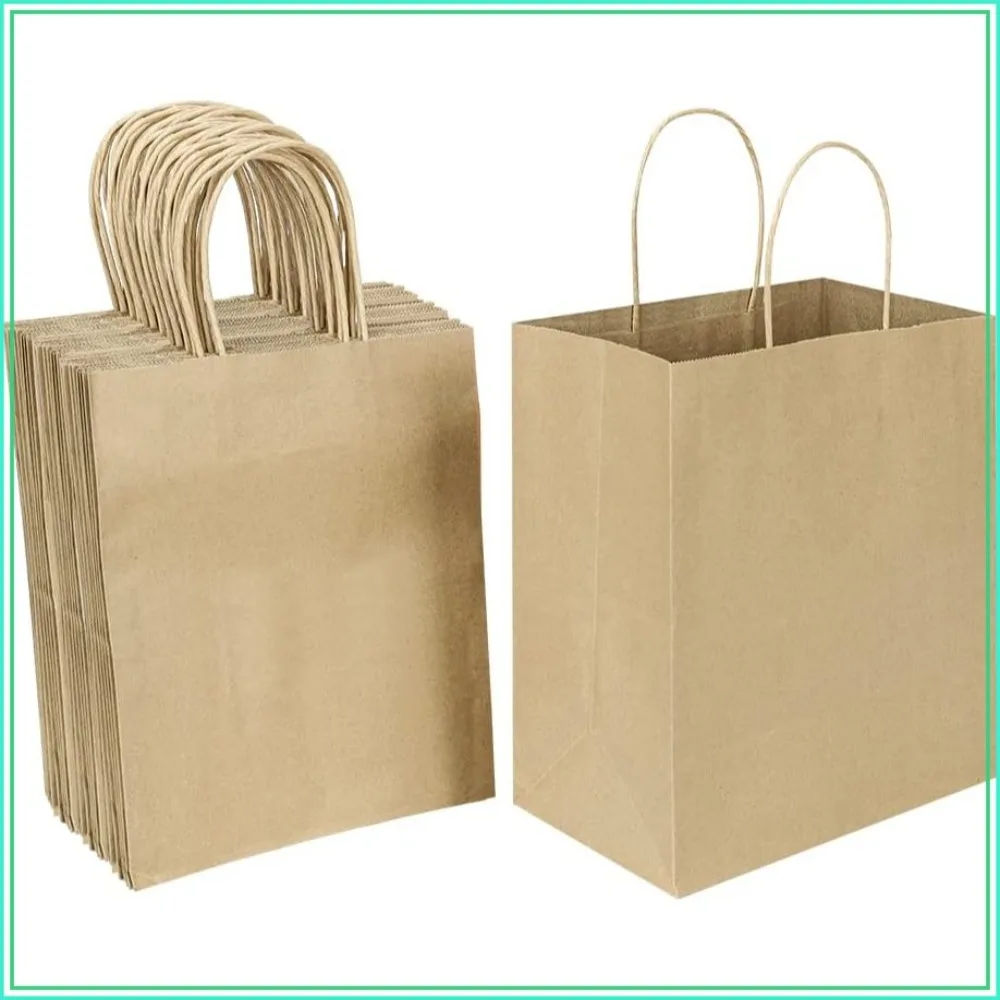 50 Pack 8x4.75x10 Inch Brown Kraft Paper Bags with Handles for Gift, Shopping, Party, Wedding Favors, Retail, Grocery - Natural Plain