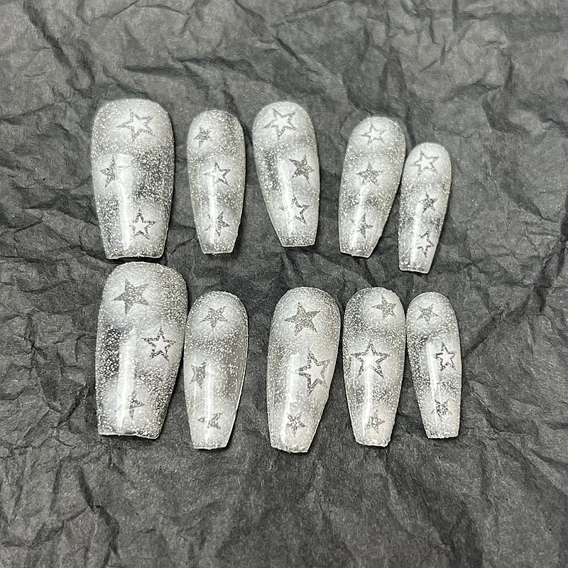 10개입 수제 화이트 스타 Y2K 프레스온 네일 블링 라인스톤 가짜 손톱 접착제 포함 재사용 가능 짧은 관 모양 맞춤형 인조 손톱 팁