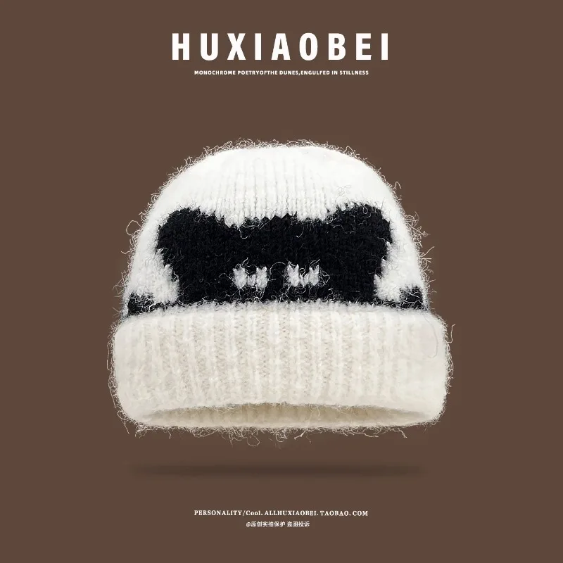 

Японские жаккардовые вязаные холодные шапки с милым котом для мужчин, осенне-зимние уличные трендовые универсальные теплые шапочки Y2K для женщин