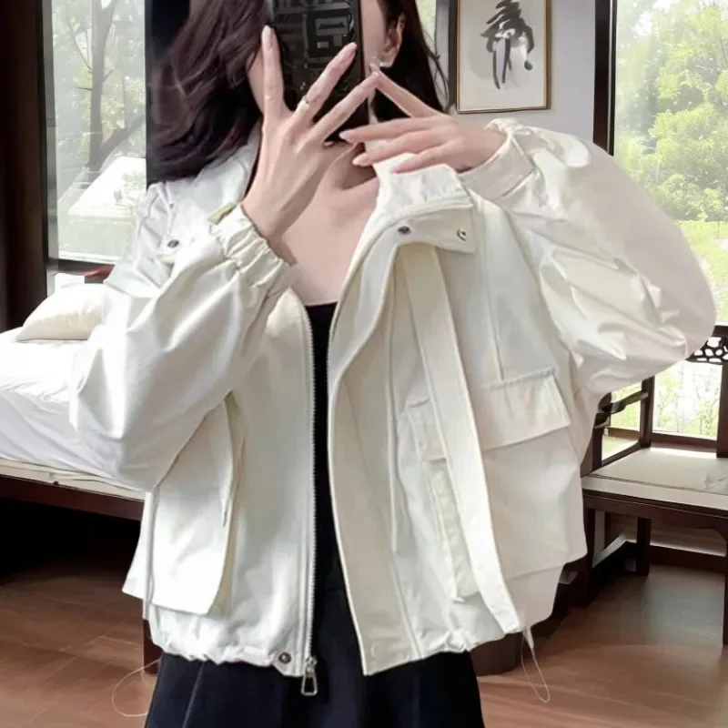 

Short Coat Women Spring Autumn 2024 New Tops Hooded Jacket Loose Casual Thin Outerwear Tooling Overcoat Fashion Female Blouse