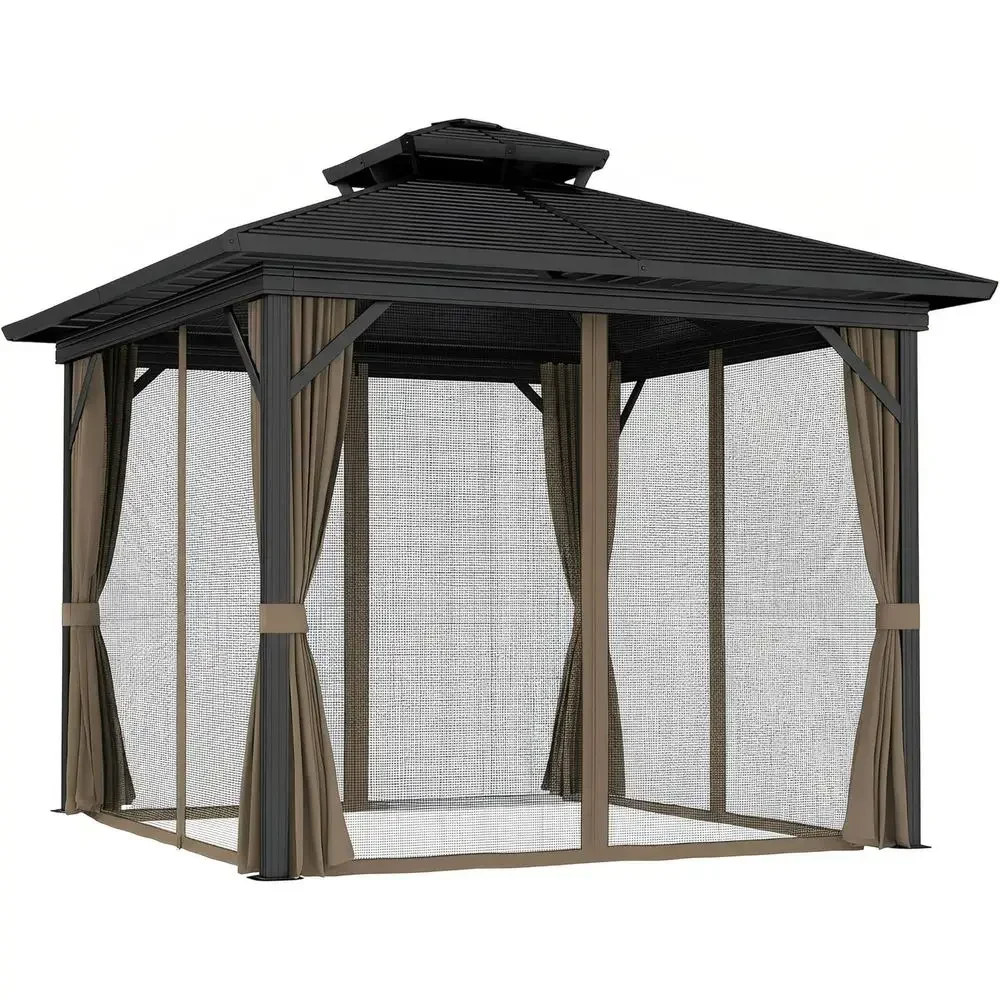 Gazebo de Techo Rígido de 10' x 10' con Doble Techo de Acero Galvanizado, Pabellón Permanente para Exteriores con Mosquitera y Cortinas o Pat