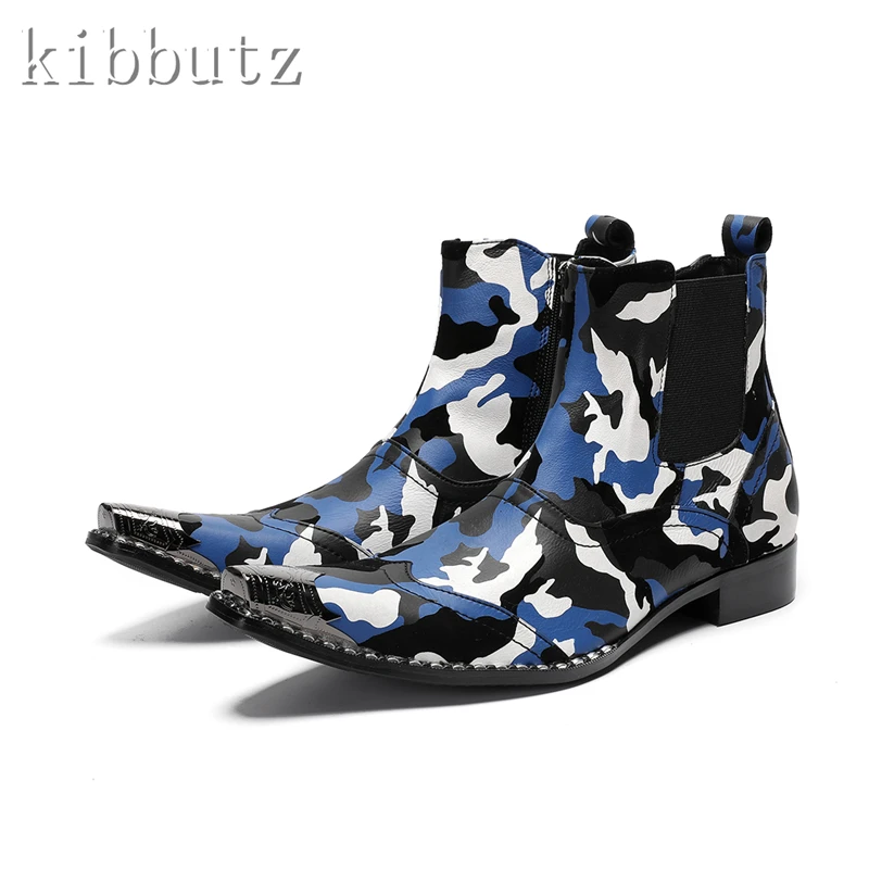 New Winter Men Ankle Boots Fashion Camouflage Genuine Leather Chelsea Boots Metal Toe Party Dress Formal Shoes