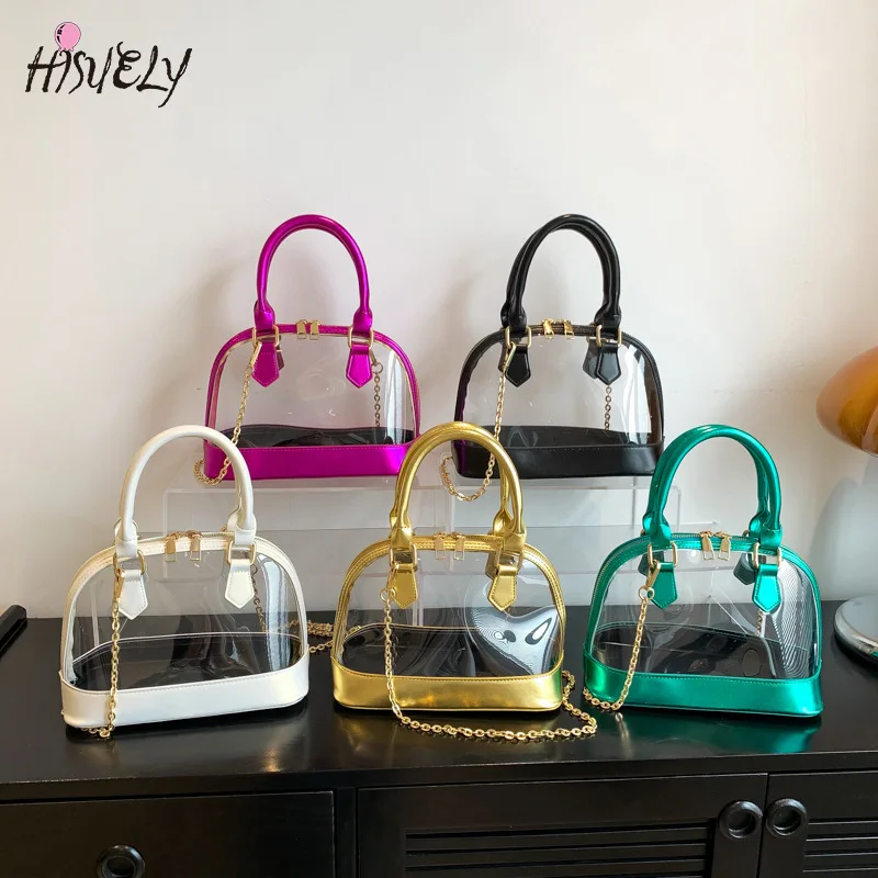

Women Transparent Jelly Clutch Handbag with PU Leather Top Handle Metal Chain Crossbody Shoulder Tote Bag Casual Messenger Purse