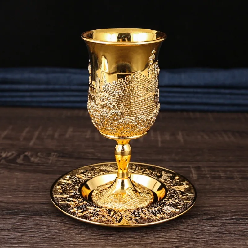 Retro Golden Silver Cup Traditional Judaism Sabbath Passover Havdalah Gift Cup with Saucer Luxurious Simple Exquisite Drinkware