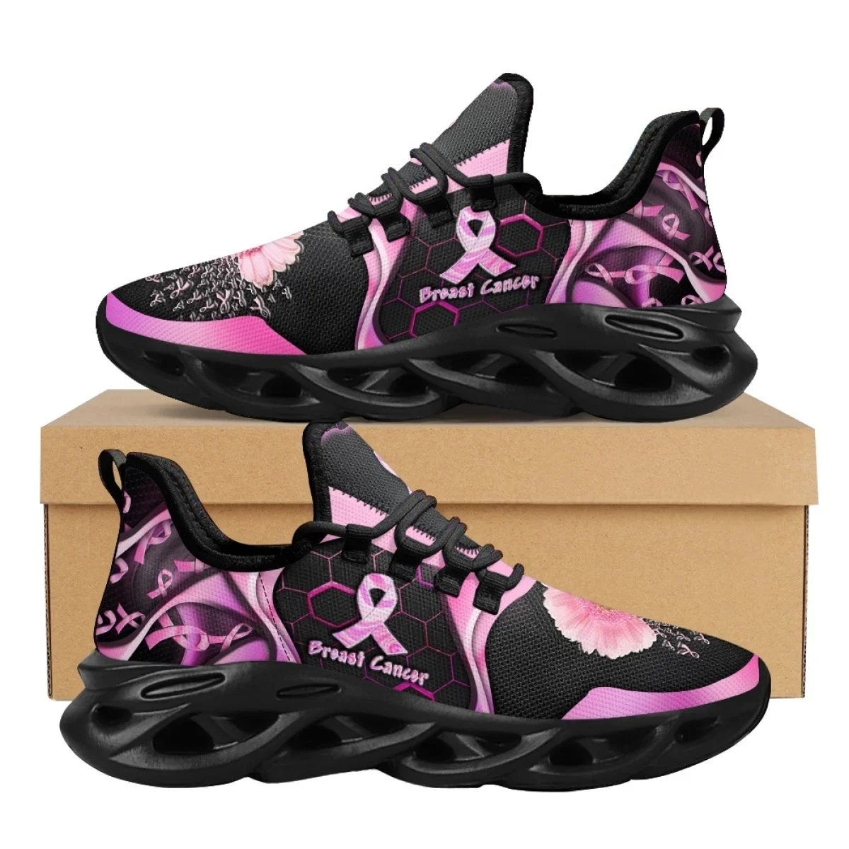 Breast Cancer Awareness Pink Flower Ribbon Pattern Printed Women Tennis Shoes Lightweight Lace Up Non-slip Sneakers Fashion 2023