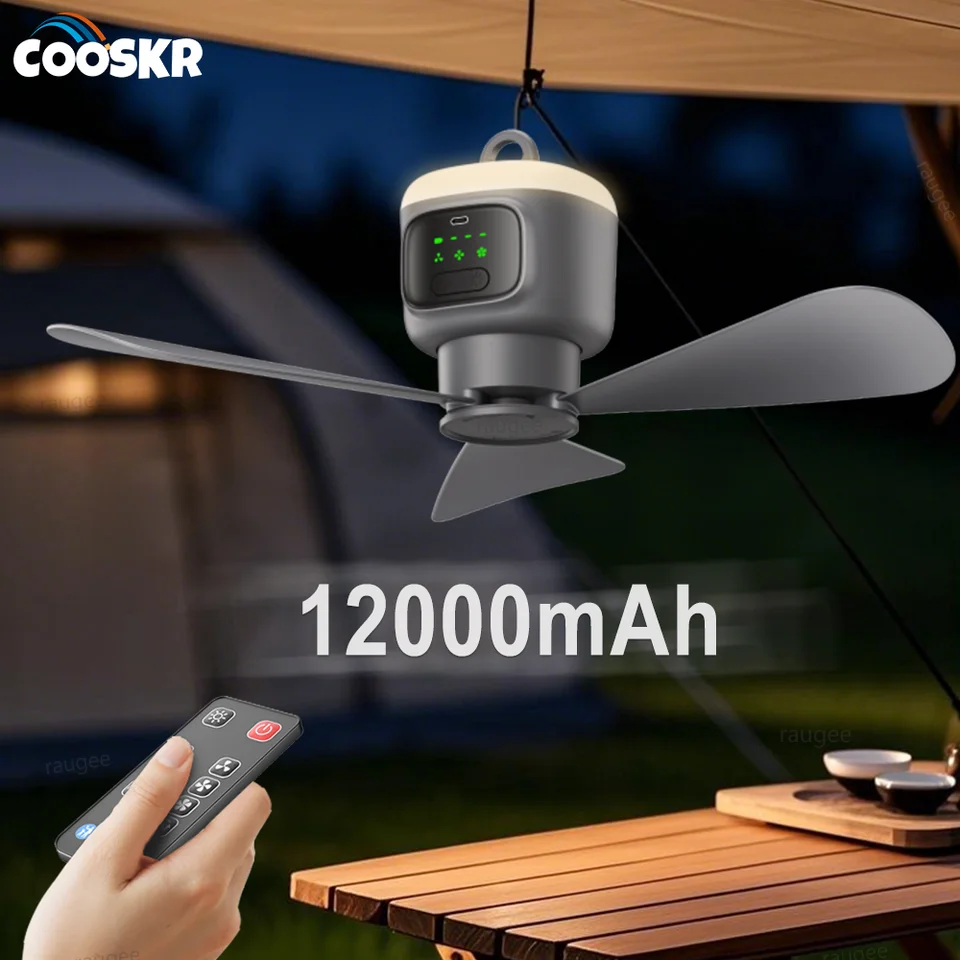 12000mAh 휴대용 천장 팬 야외 캠핑 팬 텐트 공기 순환기 쿨러 충전식 전기 팬 원격 제어 LED 라이트