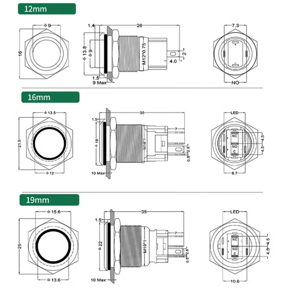 12/16/19mm Waterproof Metal Push Button Switch LED Light Momentary Latching Car Engine Power Doorbell Switch 6V 12V 24V 220V Red