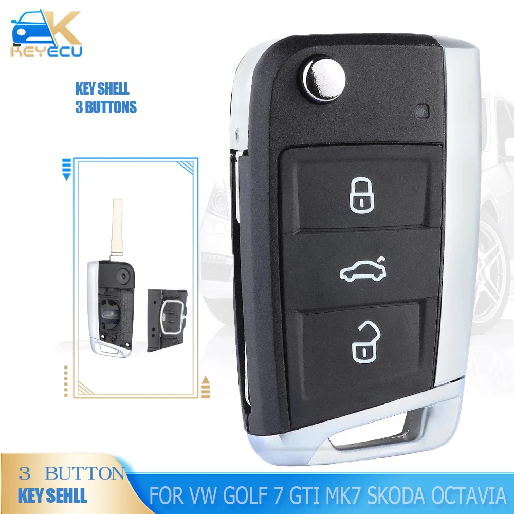 

KEYECU 3 Button Modified Folding Remote Case Shell Key Cover for Volkswagen VW Golf 7 GTI MK7 Skoda Octavia A7 Seat