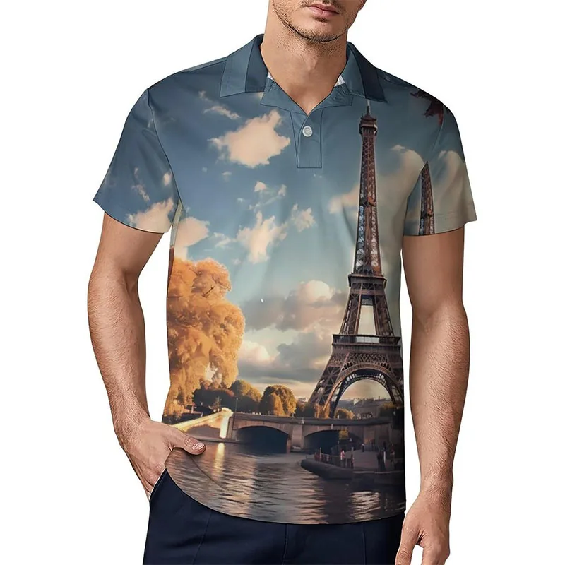 Mens Short Sleeve Golf Polo Shirt Full Printed France Eiffel Tower Graphic Tshirts Oversized Button New In Top Tees Streetwear