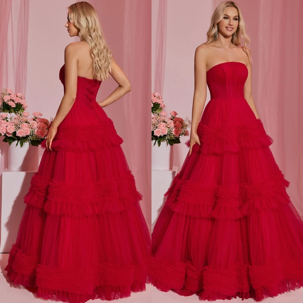 

Customized Exquisite Tulle Celebrity Gowns Elegant Strapless Sleeveless Evening Dress Temperament Special Occasion Gowns