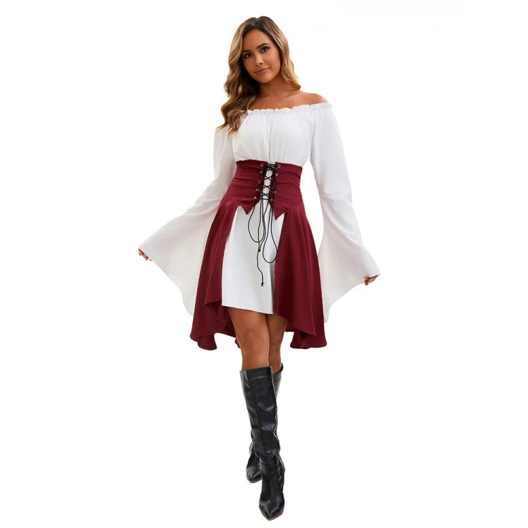 Długi damski top w stylu pirackim z marszczeniem w talii, idealny na cosplay, występy sceniczne, Halloween, średniowieczne i renesansowe tematyki.